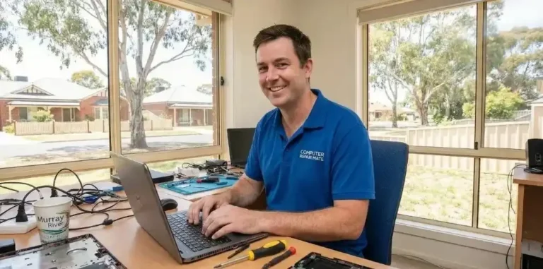 Computer technician repairing laptop in Albury home