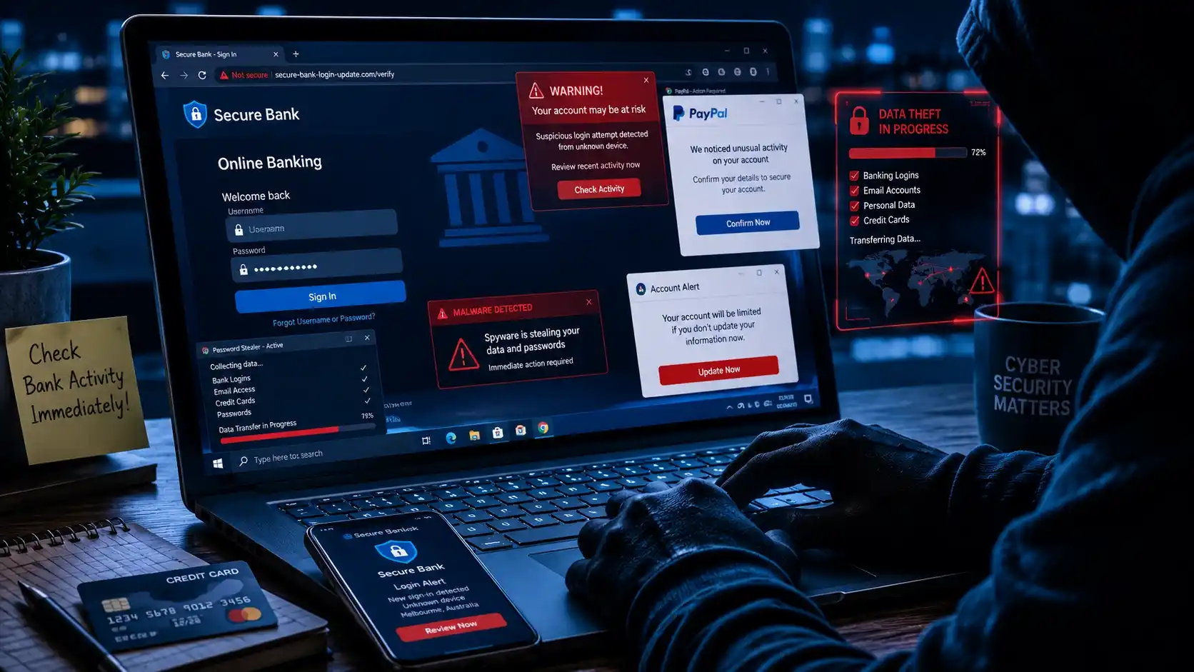 Spyware malware and phishing threats targeting online banking passwords and personal data