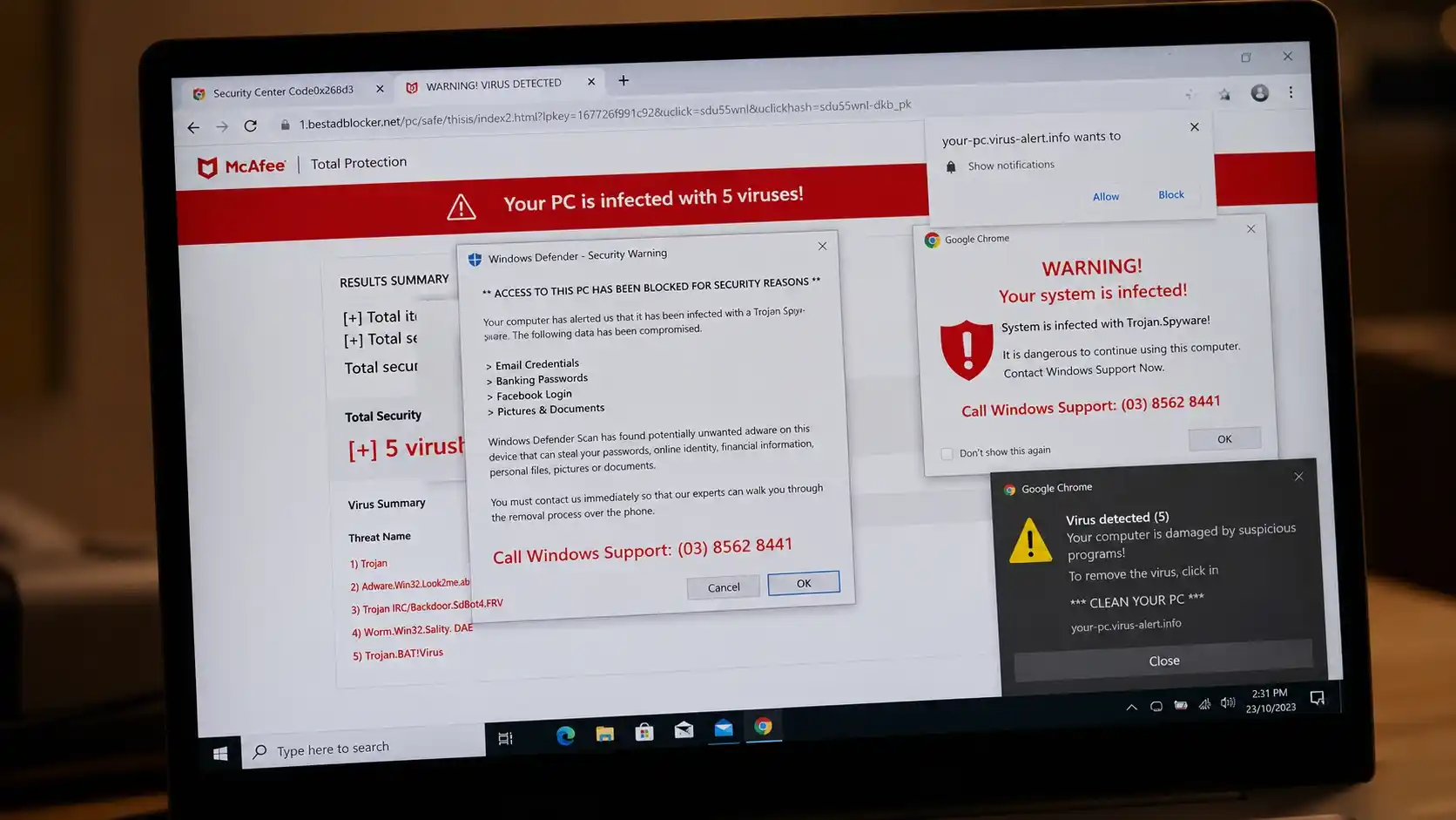 Fake browser notification scam causing dangerous pop-up ads on a Windows computer