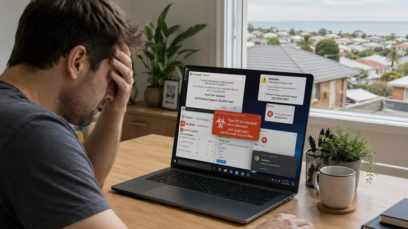 Frustrated Geelong home user dealing with fake virus pop-ups and malware alerts on a Windows laptop