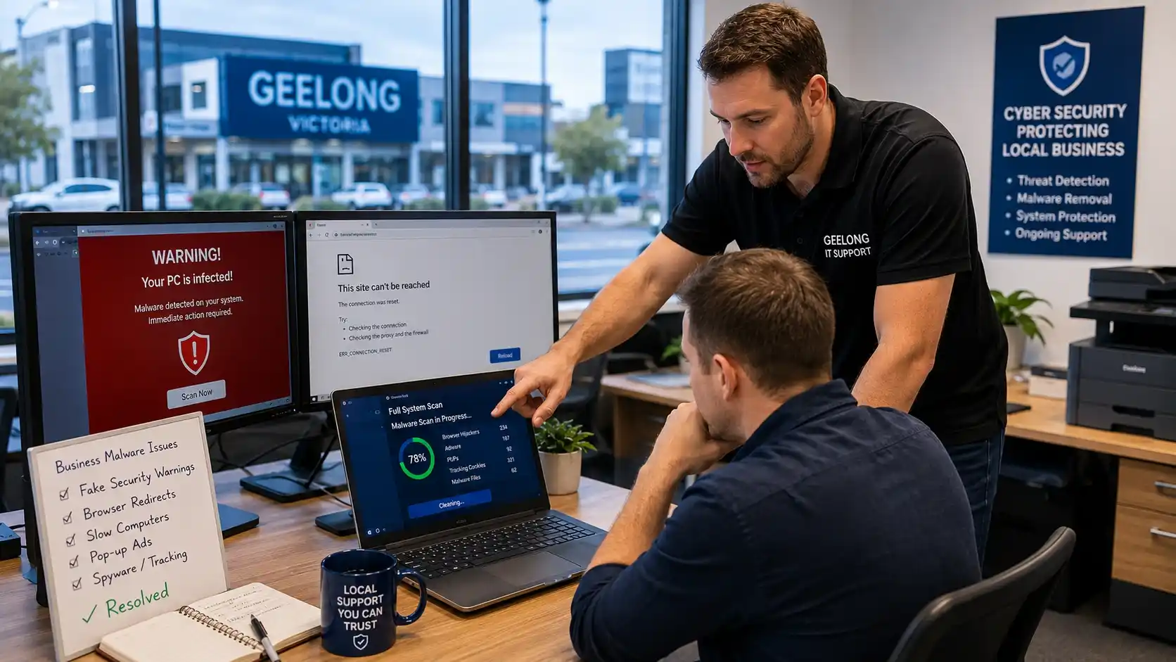 Small business office in Geelong receiving malware cleanup and computer security support