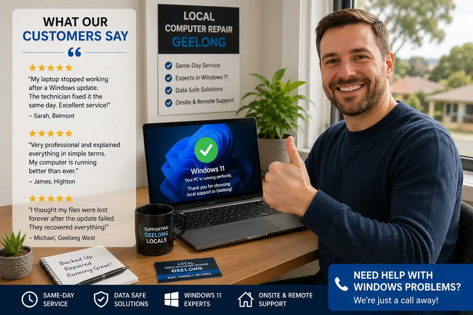 Happy computer repair customer in Geelong