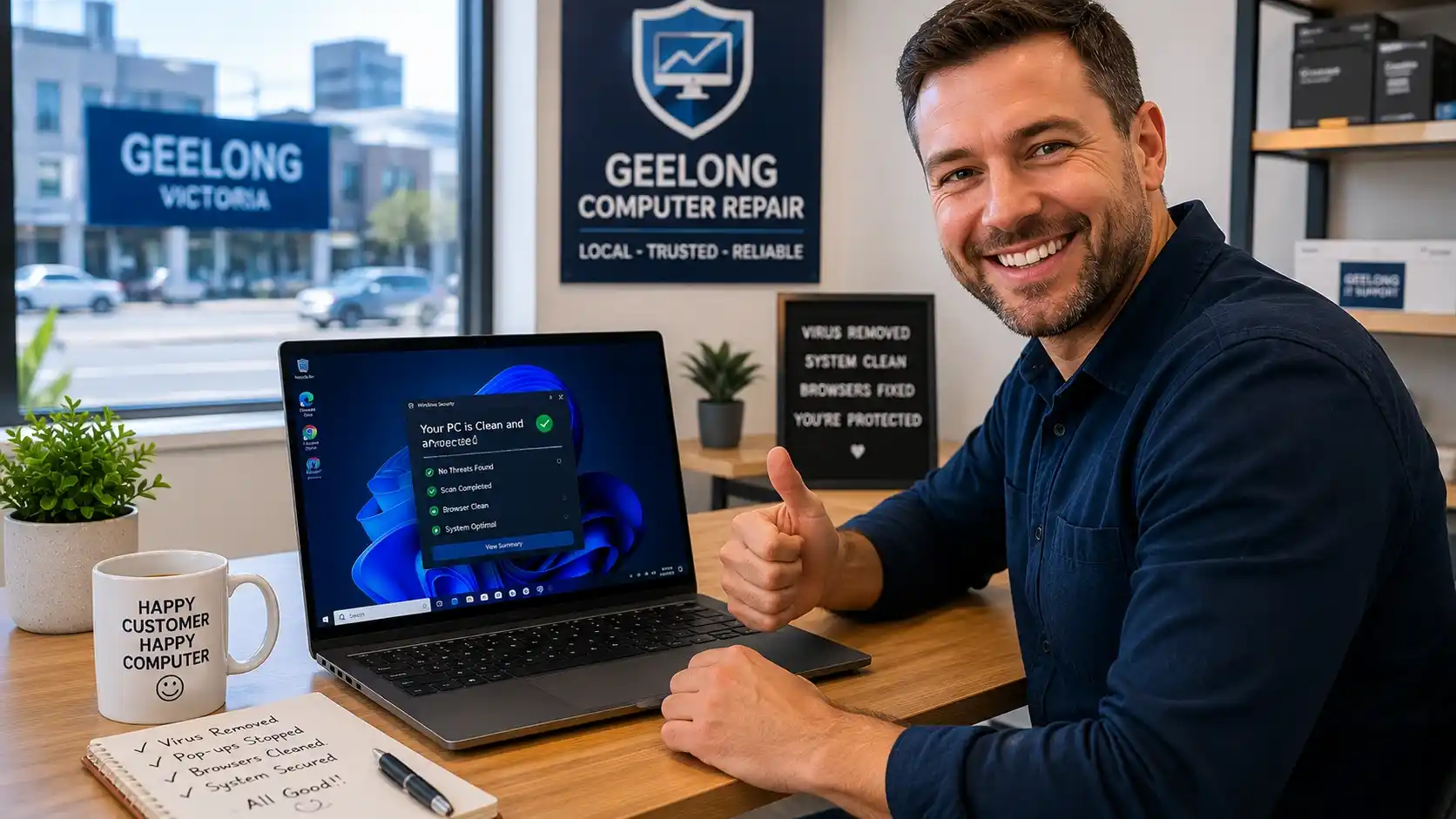 Happy Geelong customer using cleaned laptop after successful malware and pop-up removal