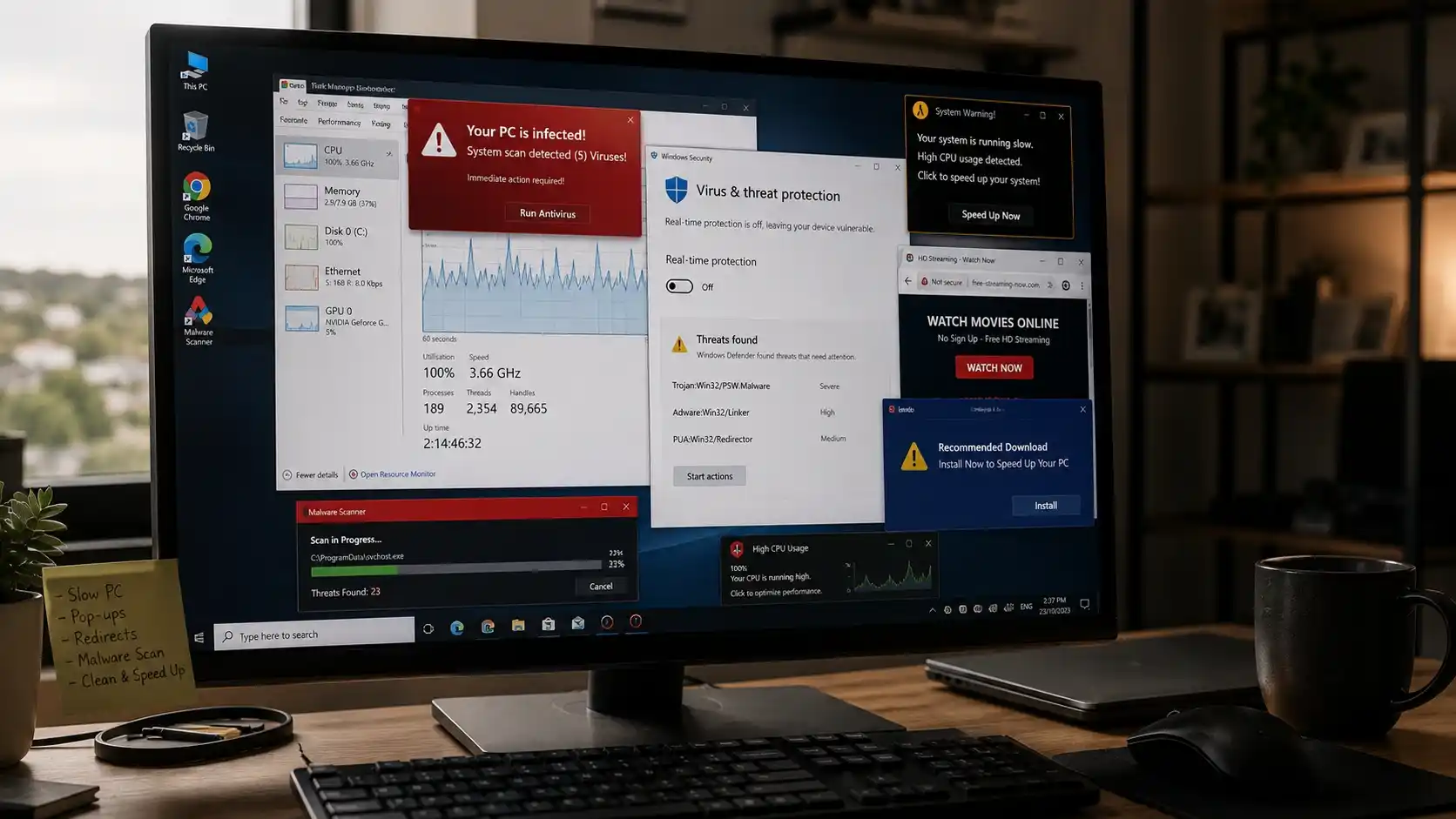 Slow Windows computer showing malware warning signs and high CPU usage issues
