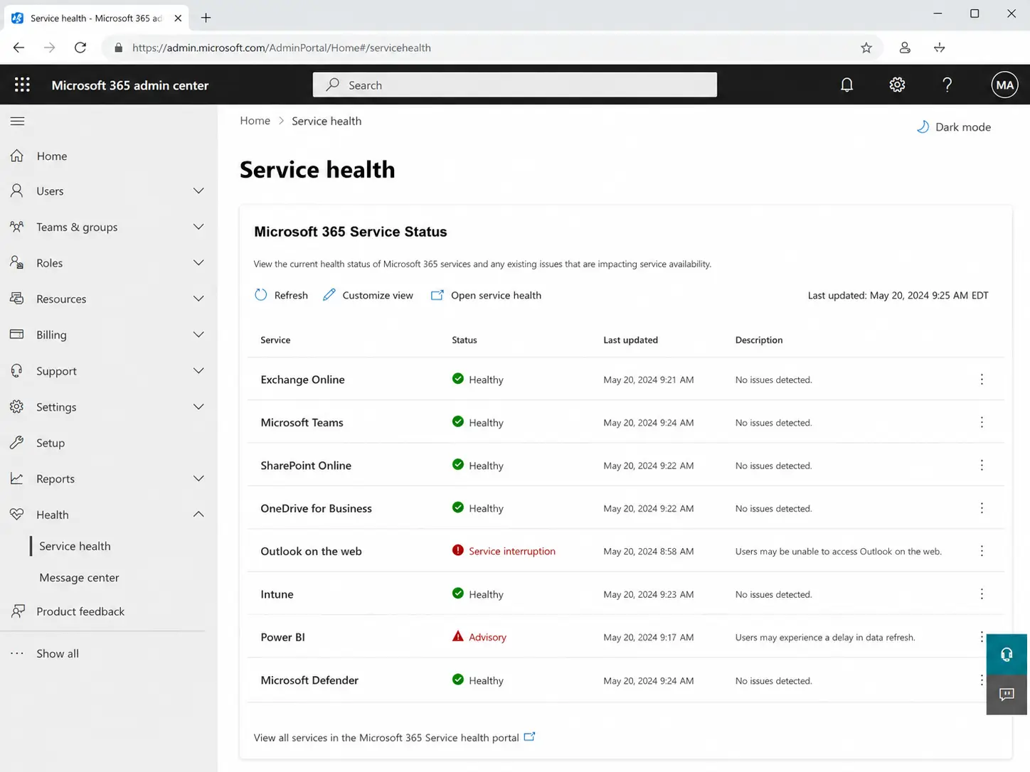 Microsoft 365 Outlook server status check Australia