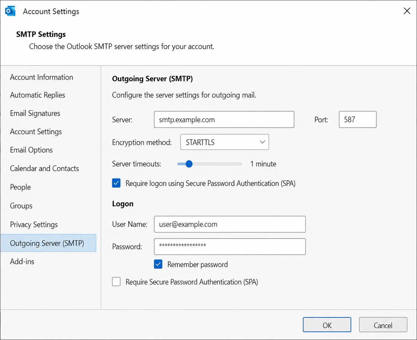 Outlook SMTP settings fix outgoing mail server