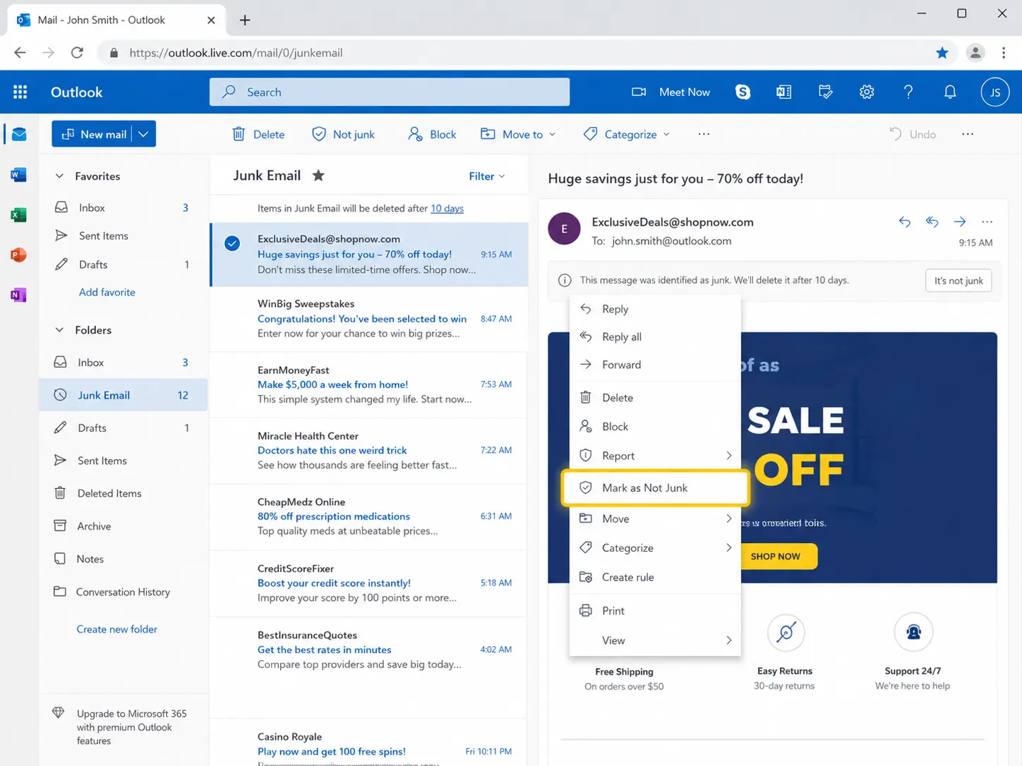 How to mark email as not junk in Outlook