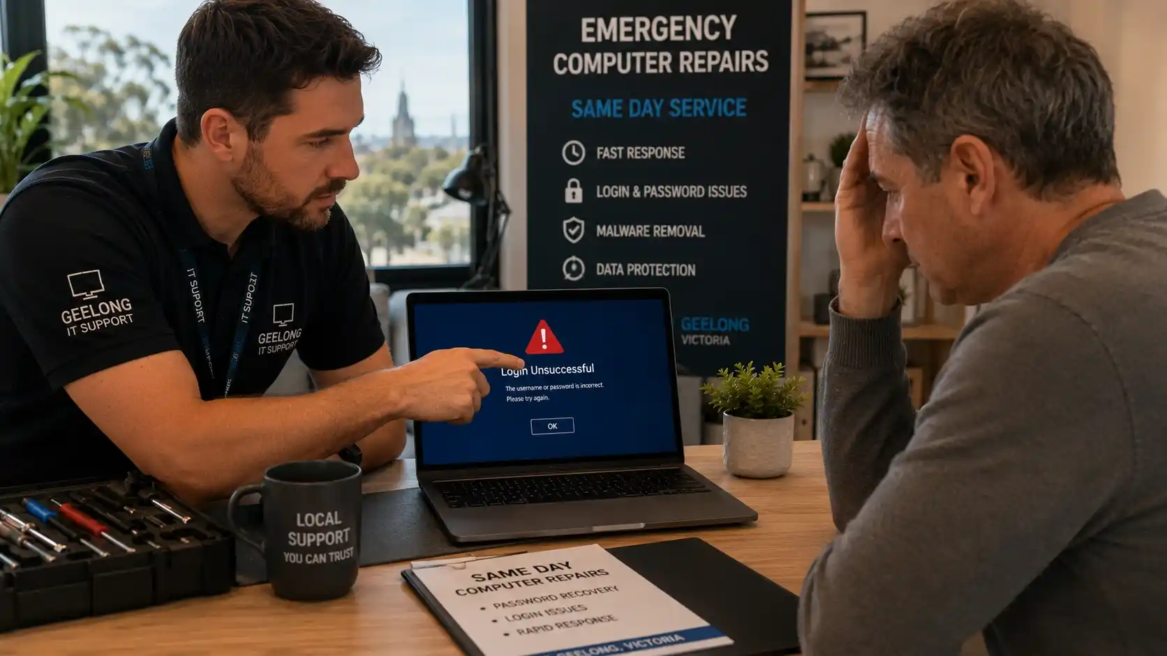 Emergency computer repair service for login and password issues in Geelong
