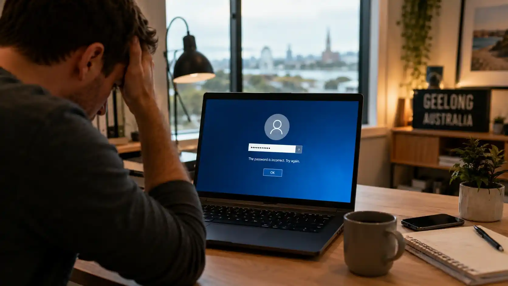 Person locked out of a Windows laptop seeking password recovery assistance in Geelong