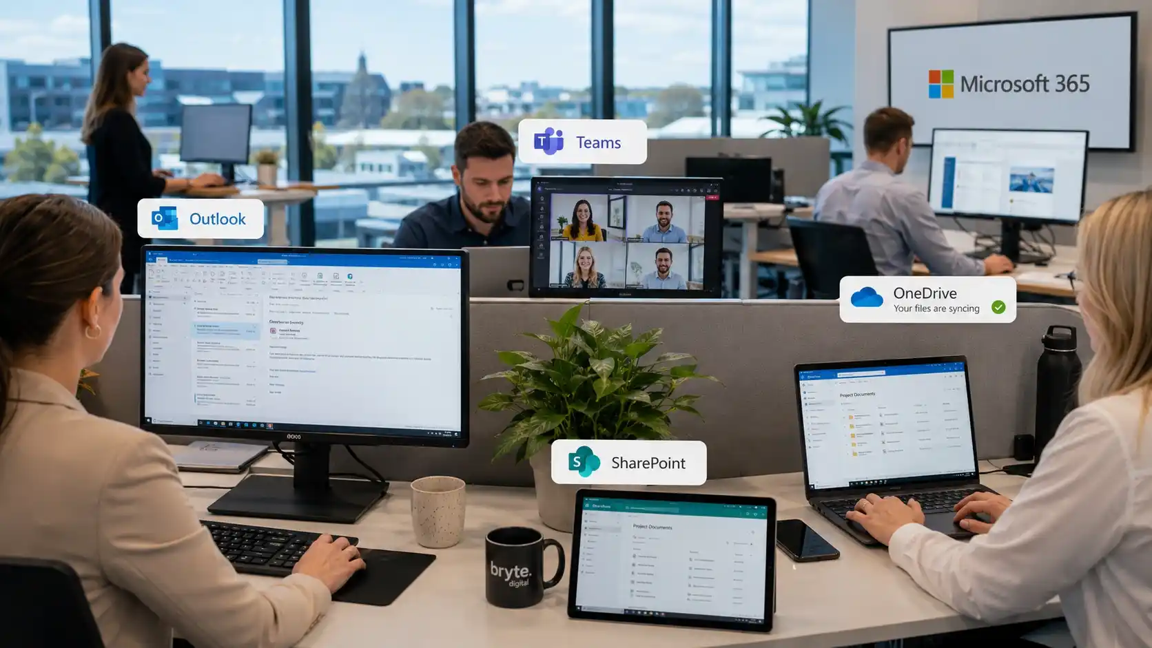 Employees using Outlook Teams OneDrive and SharePoint during daily business operations