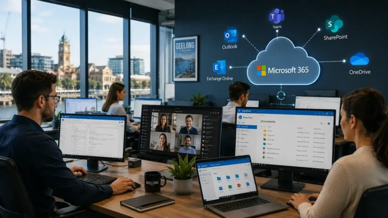 Business professionals using Microsoft Outlook Teams SharePoint OneDrive and cloud services