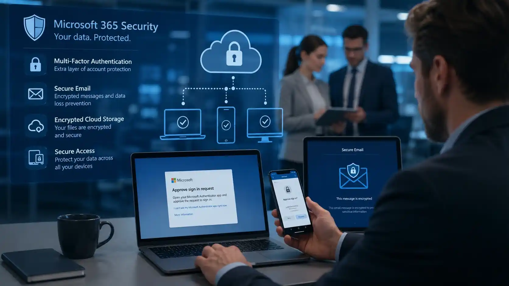 Cybersecurity protection for Microsoft 365 with multi-factor authentication and secure business email