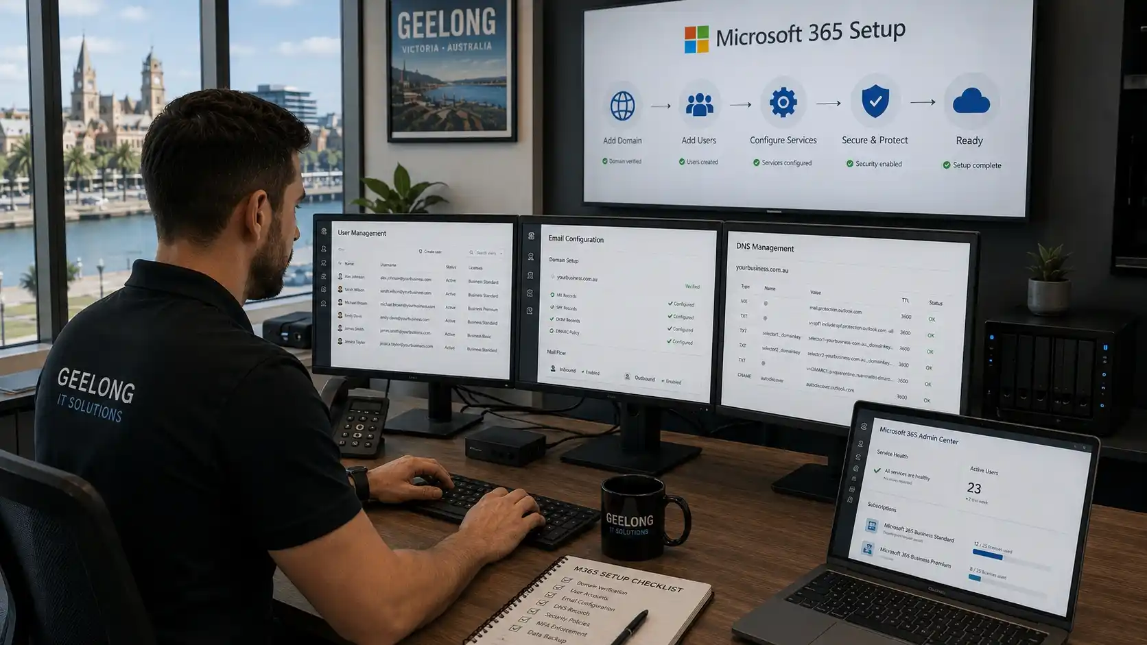 IT technician configuring Microsoft 365 for a business office in Geelong