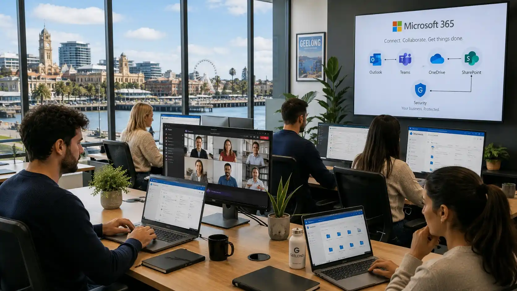 Microsoft 365 setup for a small business office in Geelong with cloud collaboration and secure business technology