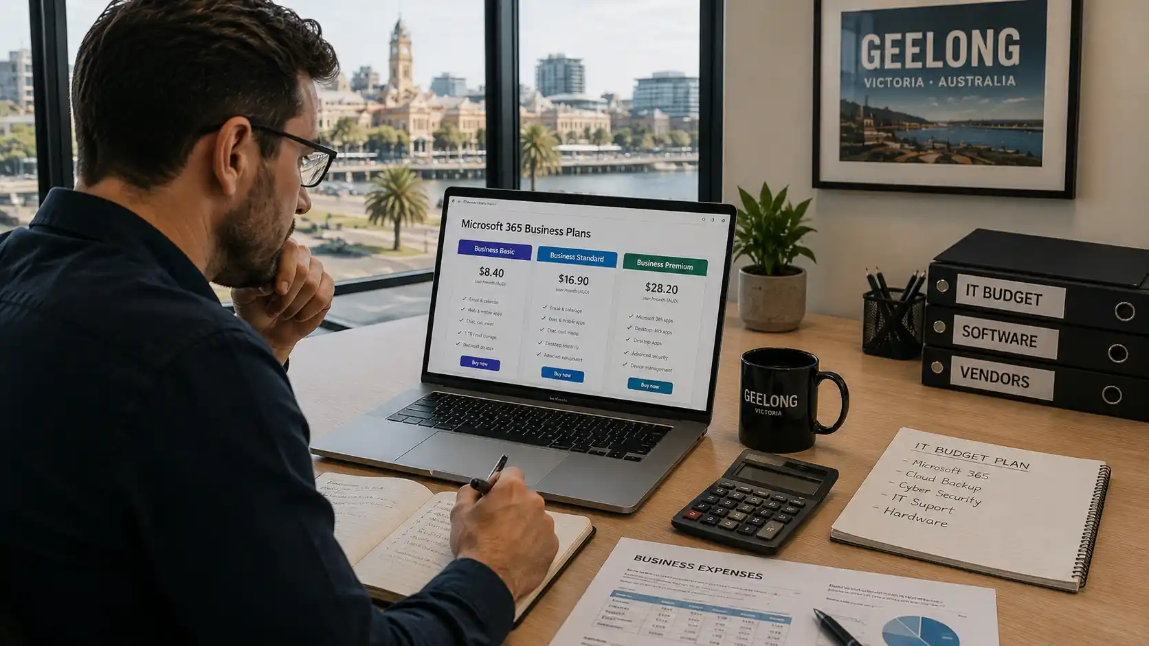 Small business owner reviewing Microsoft 365 plans and IT budget in Geelong